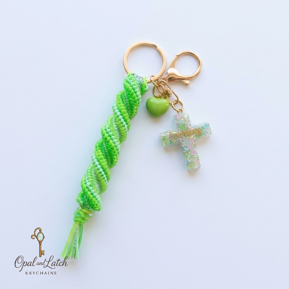 🌟Green Keychain with Cross Charm